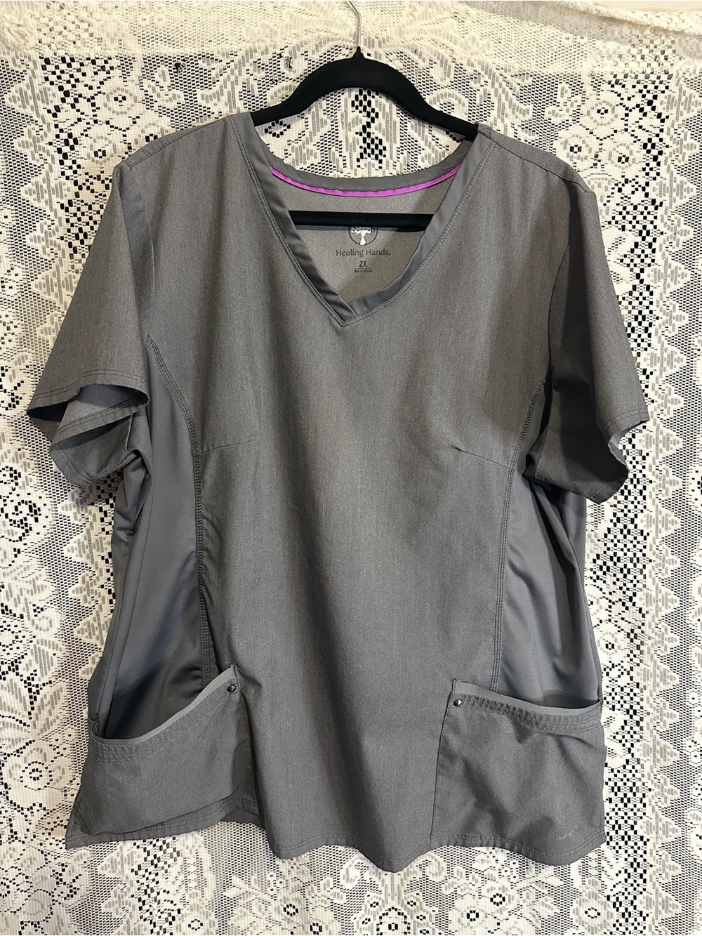 healing hands Gray V-Neck Scrub Top with Front Pockets